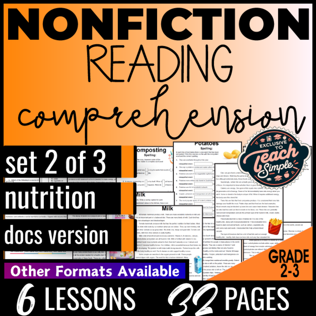 An educational teaching resource from Cored Education entitled Reading Comprehension Nonfiction Set 2 - Nutrition (Google Docs) downloadable at Teach Simple.