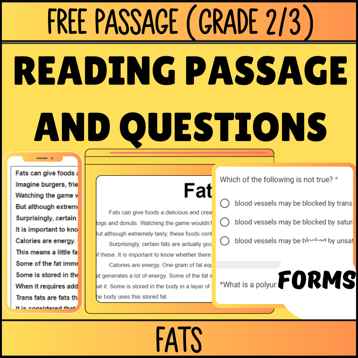An educational teaching resource from Cored Education entitled Reading Comprehension Nonfiction Set 2 Sample: Fats (Forms) downloadable at Teach Simple.