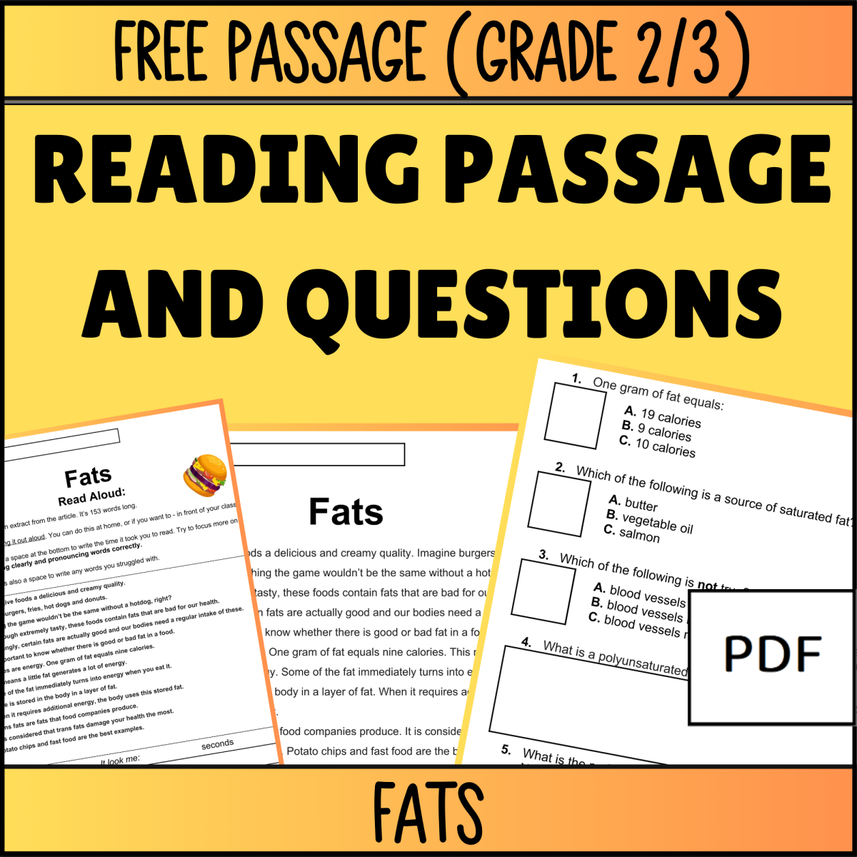 An educational teaching resource from Cored Education entitled Reading Comprehension Nonfiction Set 2 Sample: Fats (PDF) downloadable at Teach Simple.