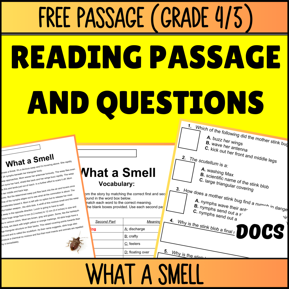 An educational teaching resource from Cored Education entitled Reading Comprehension Nonfiction Set 2 Sample: What a Smell (Docs) downloadable at Teach Simple.