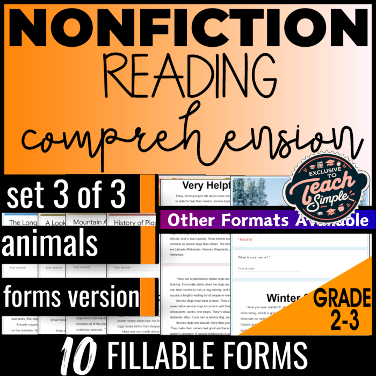 An educational teaching resource from Cored Education entitled Reading Comprehension Nonfiction Set 3 - Animals (Forms) downloadable at Teach Simple.
