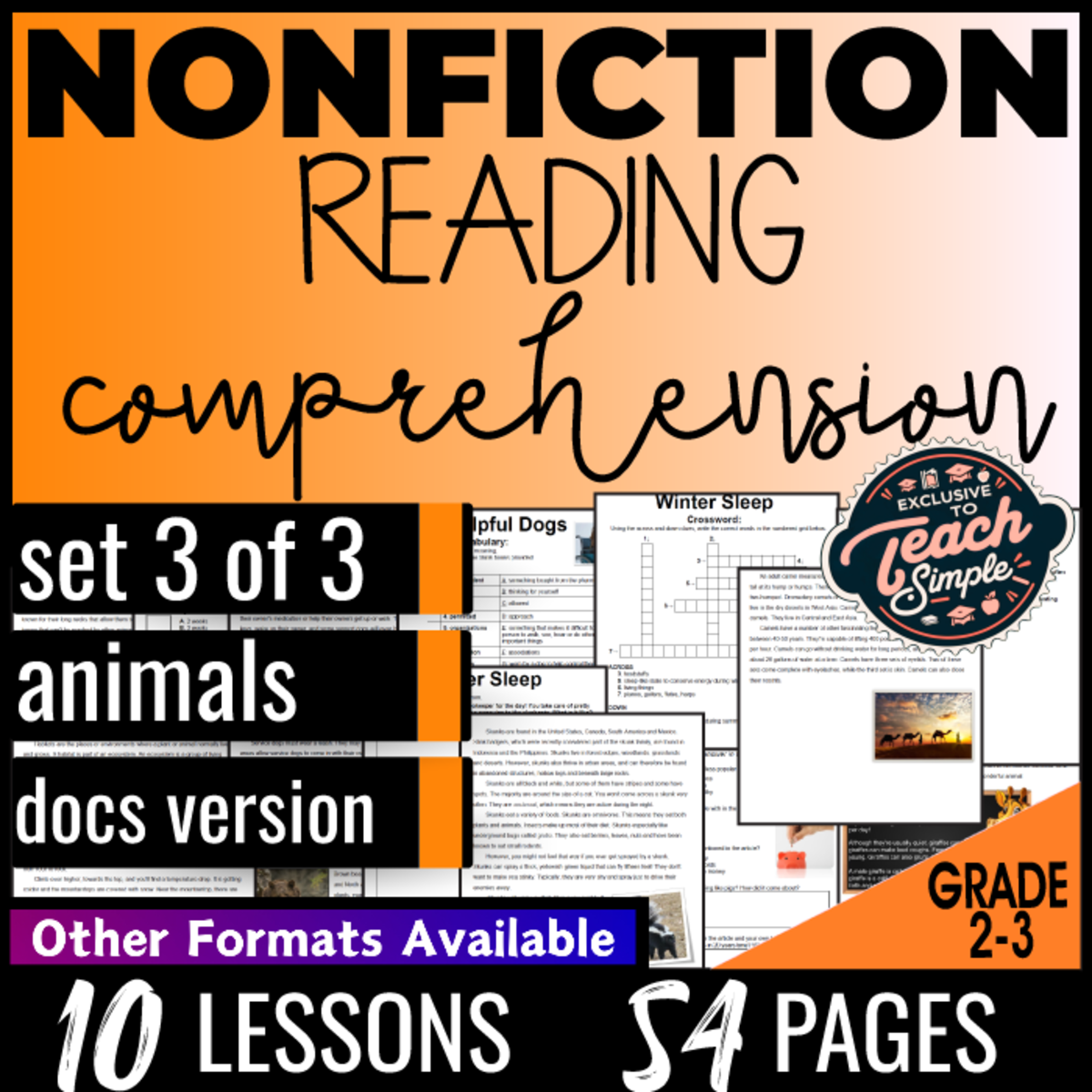 An educational teaching resource from Cored Education entitled Reading Comprehension Nonfiction Set 3 - Animals (Google Docs) downloadable at Teach Simple.