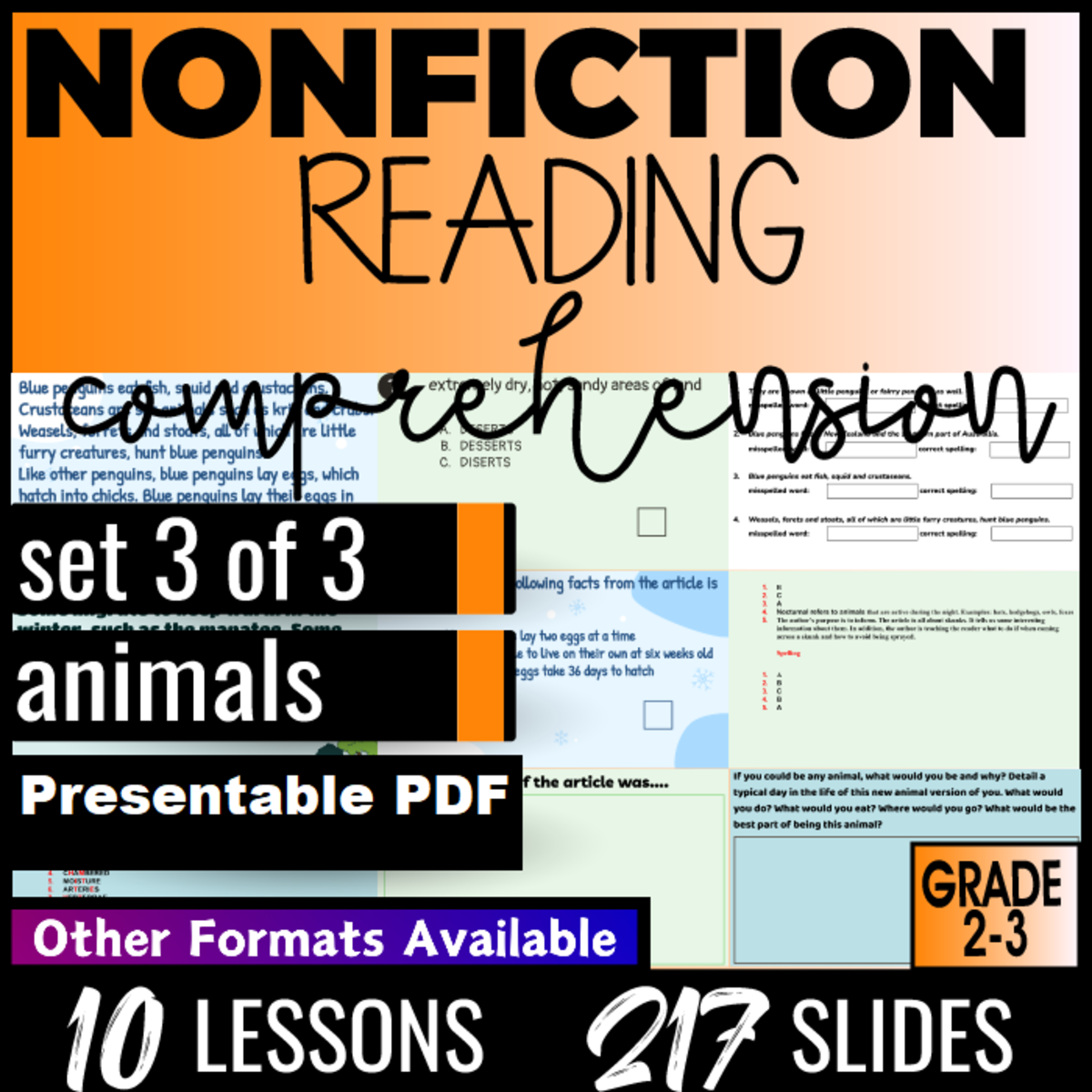 An educational teaching resource from Cored Education entitled Reading Comprehension Nonfiction Set 3 - Animals Presentable PDF downloadable at Teach Simple.