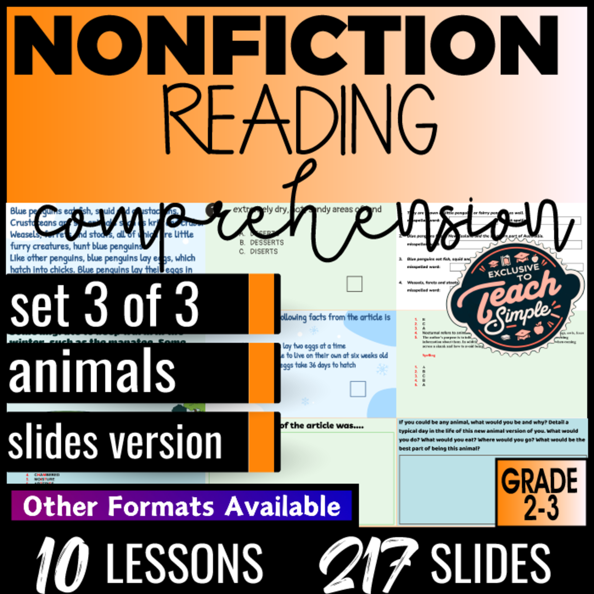 An educational teaching resource from Cored Education entitled Reading Comprehension Nonfiction Set 3 - Animals (Slides) downloadable at Teach Simple.