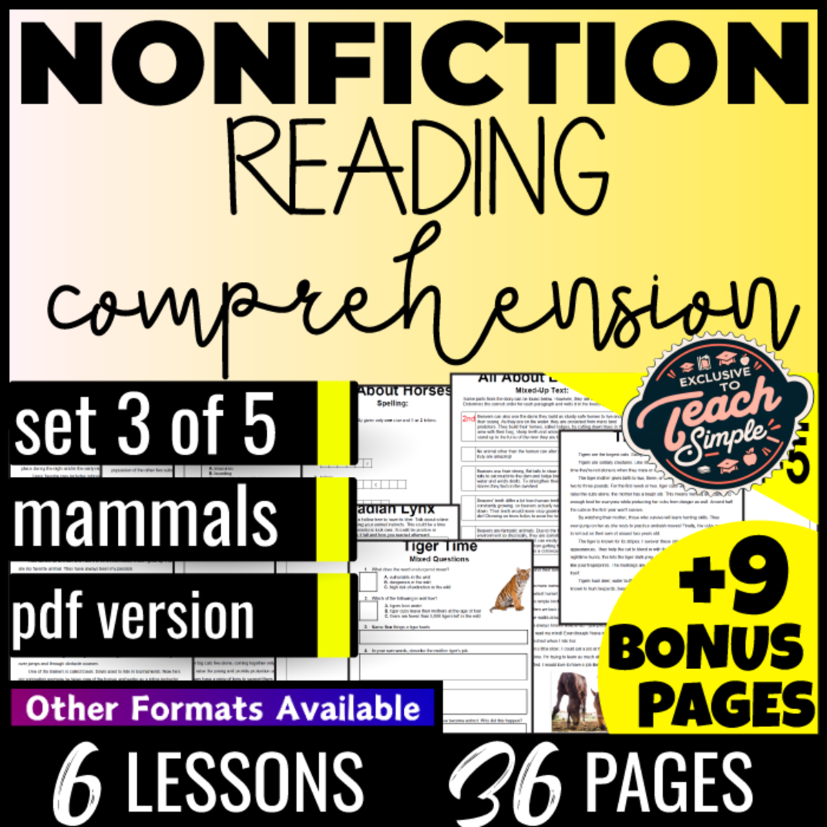 An educational teaching resource from Cored Education entitled Reading Comprehension Nonfiction Set 3 - Mammals (PDF) downloadable at Teach Simple.