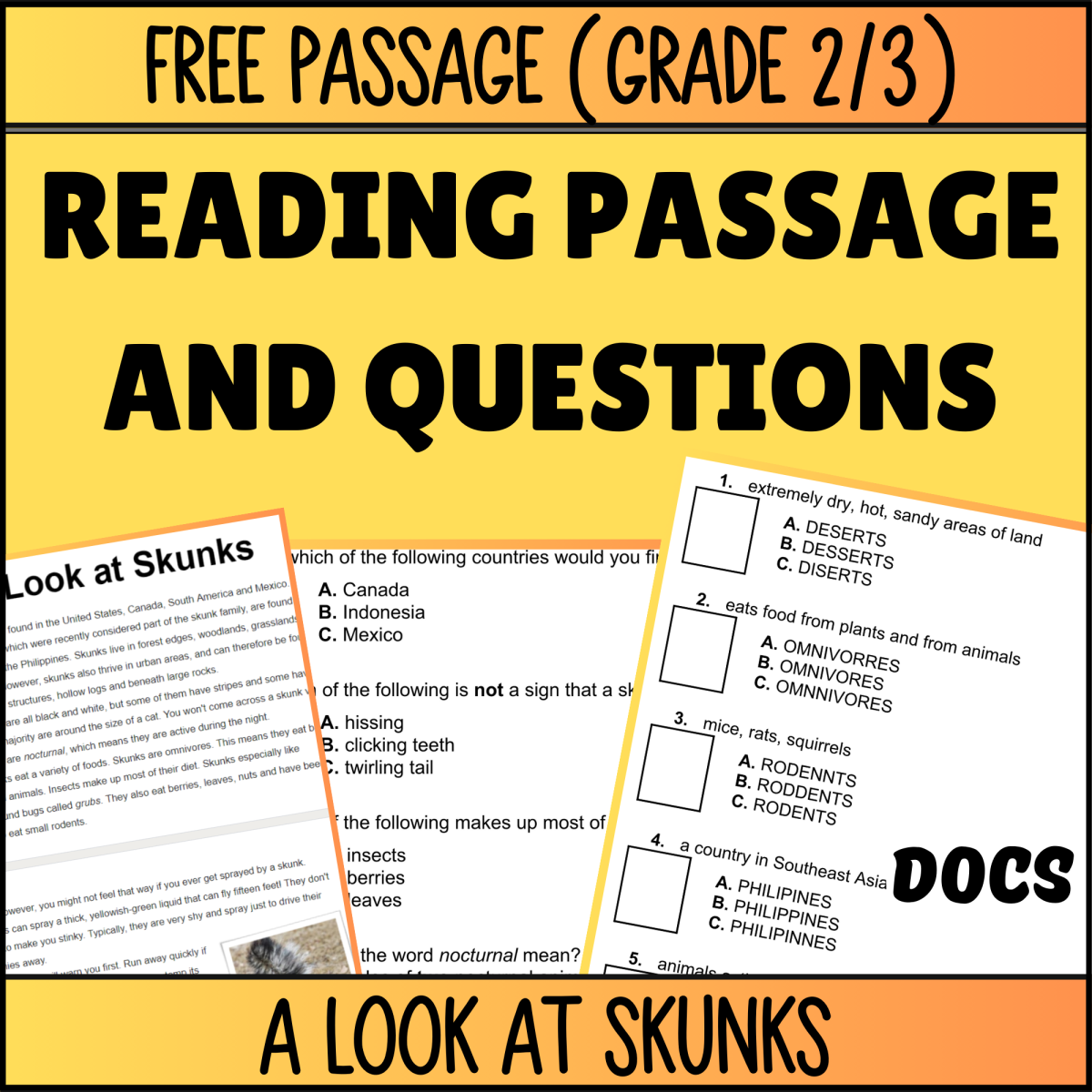 An educational teaching resource from Cored Education entitled Reading Comprehension Nonfiction Set 3 Sample: A Look at Skunks (Docs) downloadable at Teach Simple.