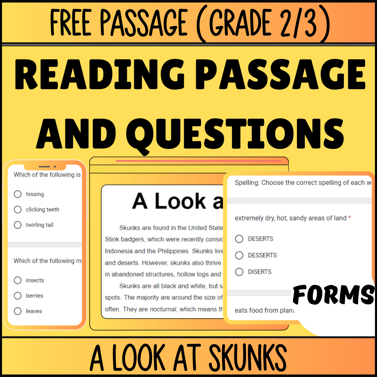 An educational teaching resource from Cored Education entitled Reading Comprehension Nonfiction Set 3 Sample: A Look at Skunks Forms downloadable at Teach Simple.