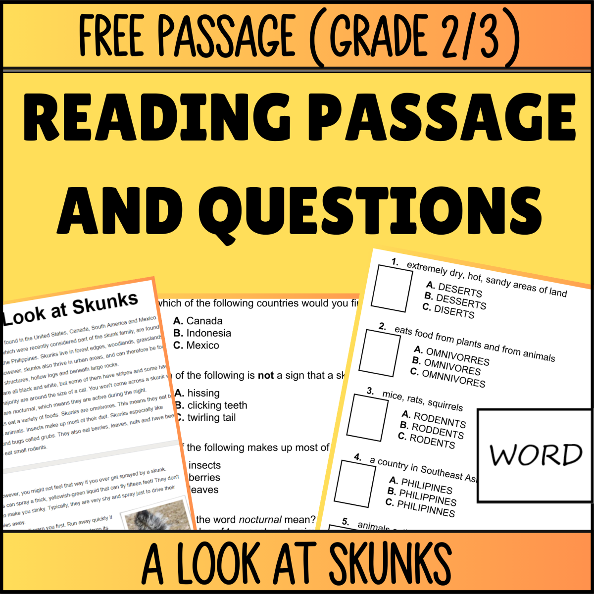 An educational teaching resource from Cored Education entitled Reading Comprehension Nonfiction Set 3 Sample: A Look at Skunks (Word) downloadable at Teach Simple.