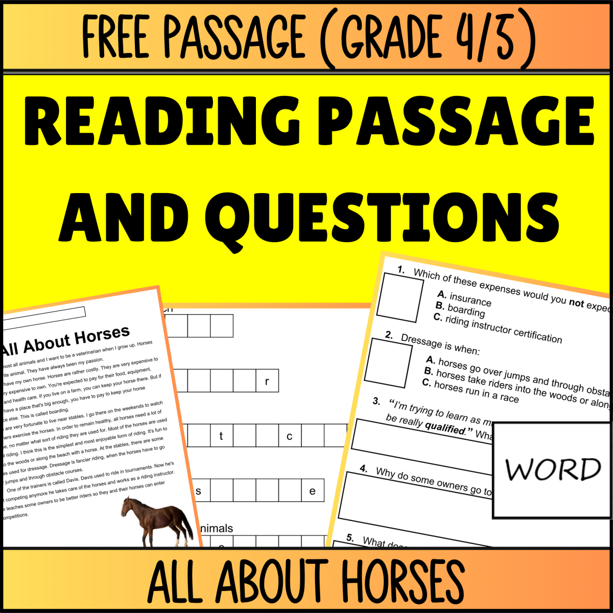 An educational teaching resource from Cored Education entitled Reading Comprehension Nonfiction Set 3 Sample: All About Horses (Word) downloadable at Teach Simple.