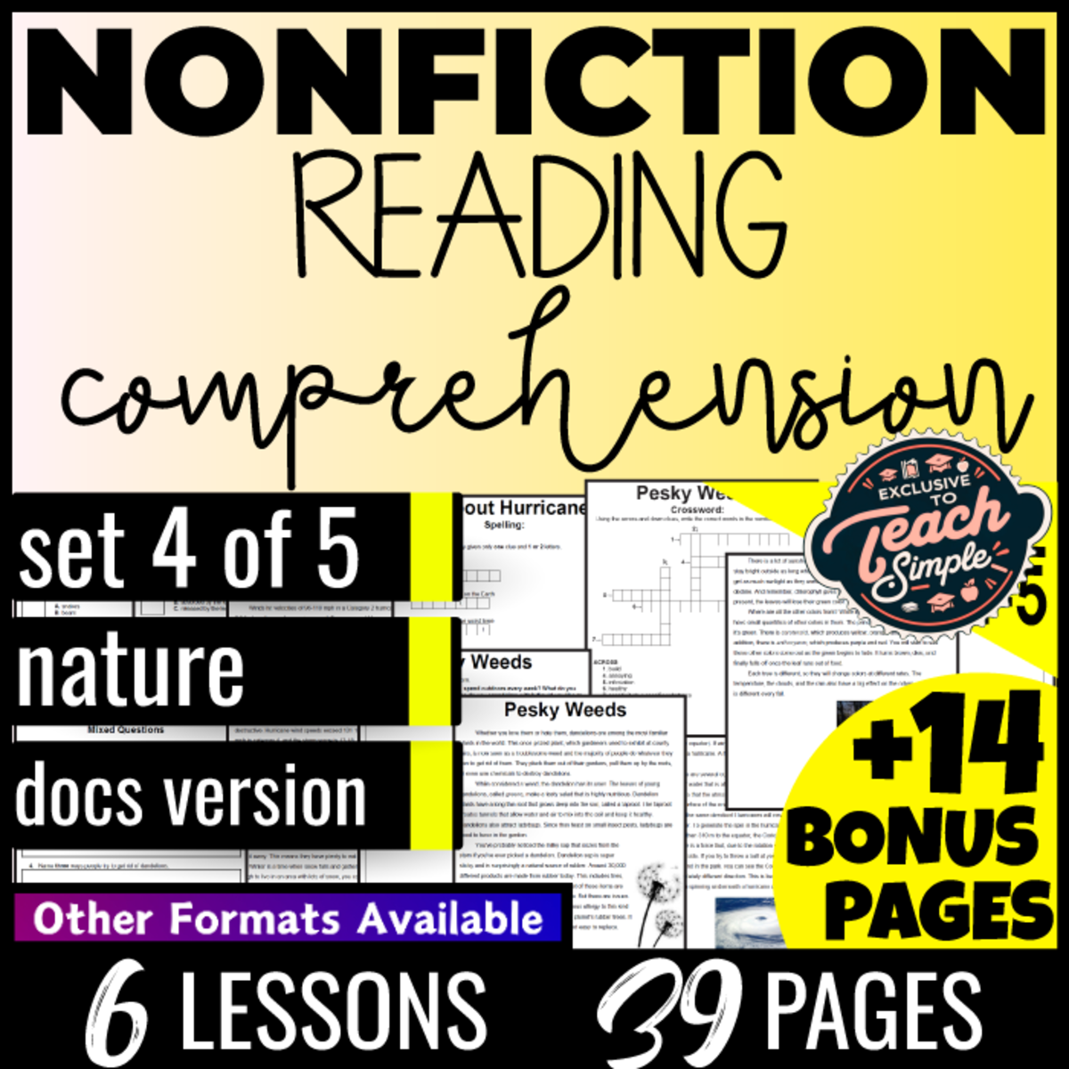 An educational teaching resource from Cored Education entitled Reading Comprehension Nonfiction Set 4 - Nature (Docs) downloadable at Teach Simple.