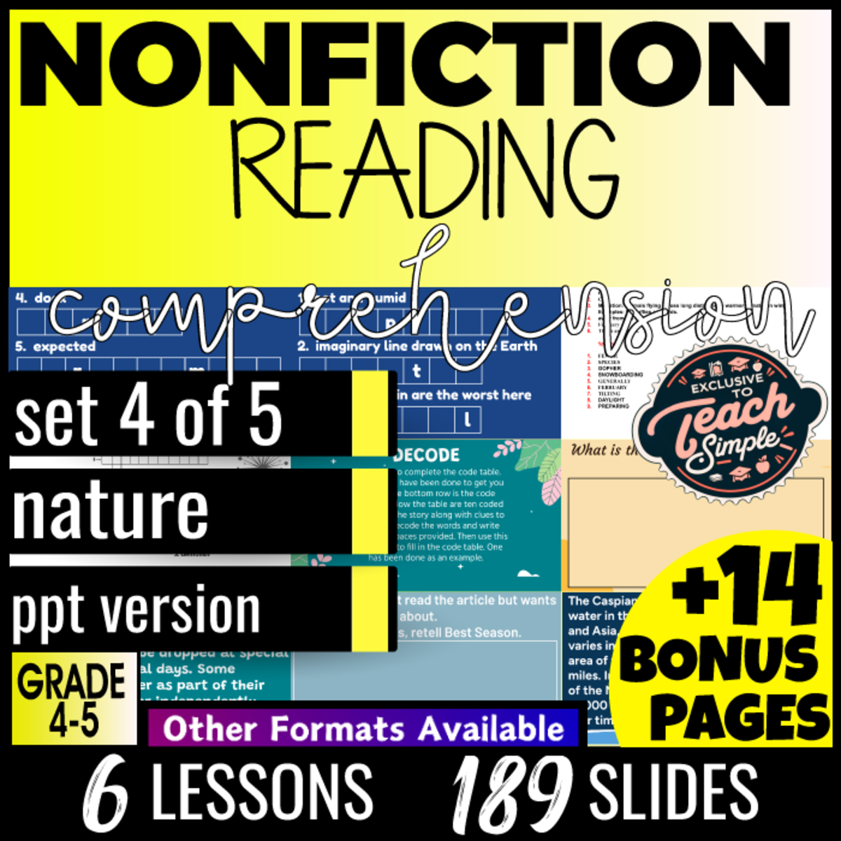 An educational teaching resource from Cored Education entitled Reading Comprehension Nonfiction Set 4 - Nature (PPT) downloadable at Teach Simple.
