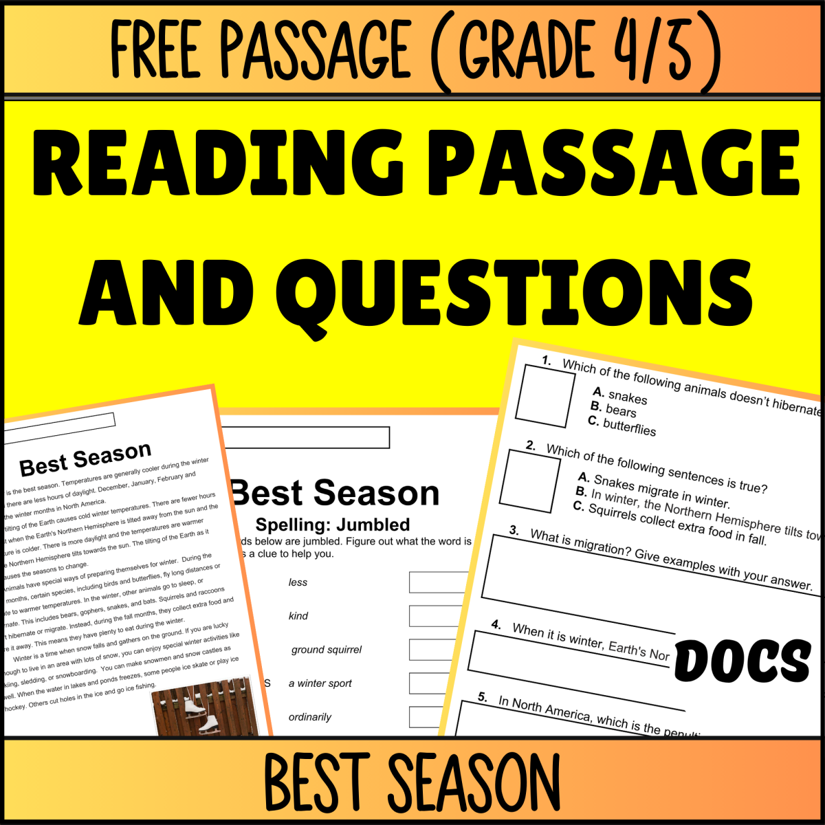 An educational teaching resource from Cored Education entitled Reading Comprehension Nonfiction Set 4 Sample: Best Season (Docs) downloadable at Teach Simple.