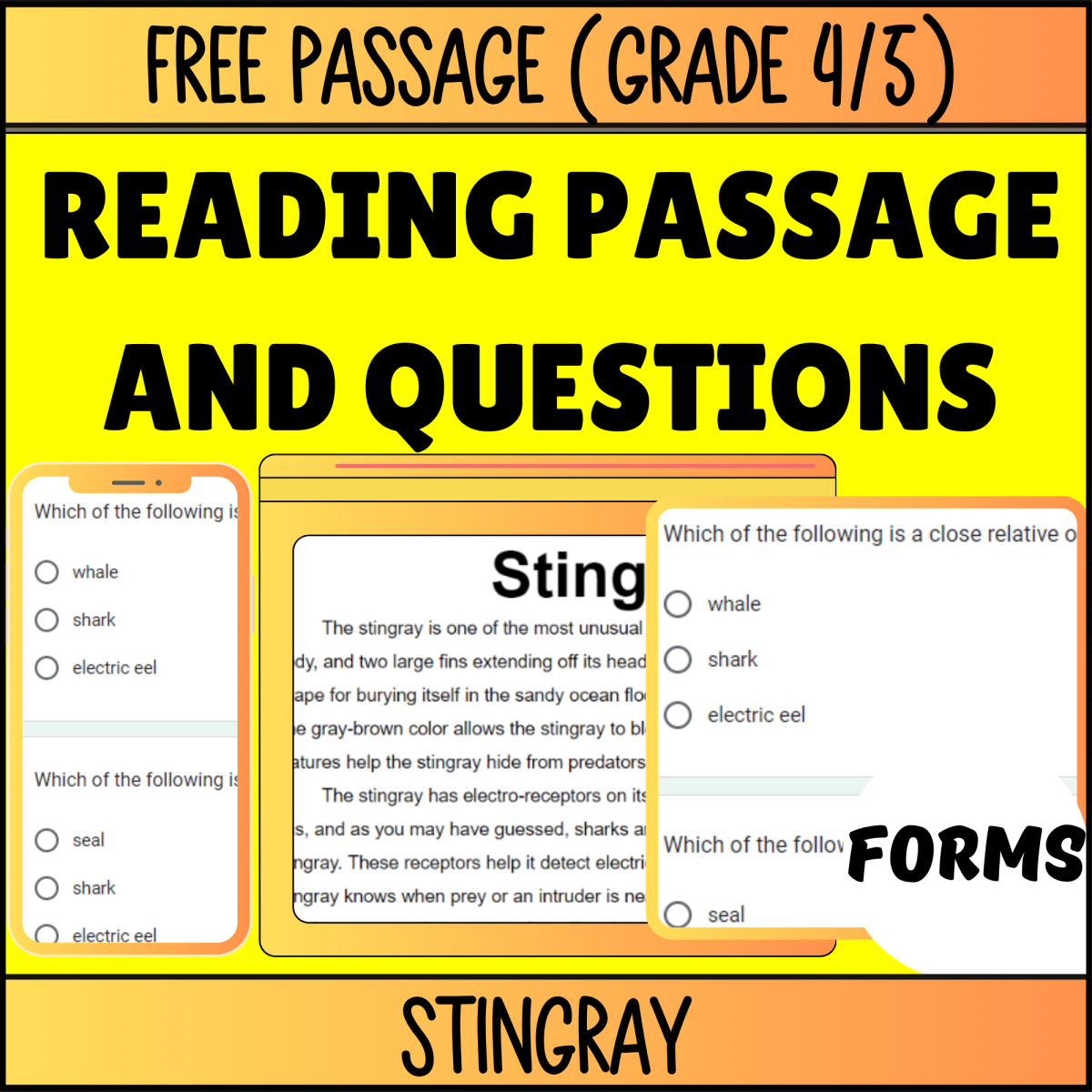 An educational teaching resource from Cored Education entitled Reading Comprehension Nonfiction Set 5 Sample: Stingray (Forms) downloadable at Teach Simple.