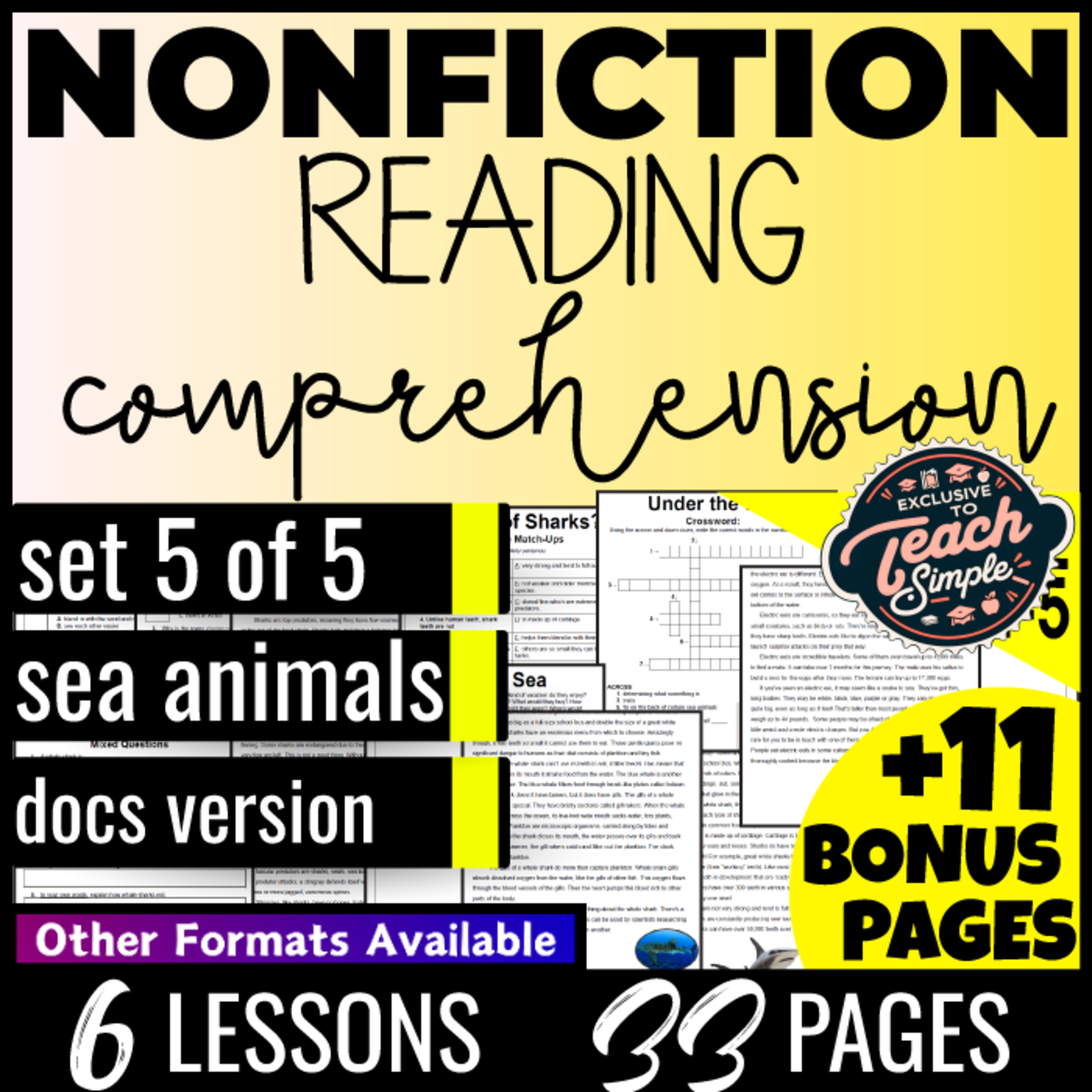 An educational teaching resource from Cored Education entitled Reading Comprehension Nonfiction Set 5 - Sea Animals (Docs) downloadable at Teach Simple.