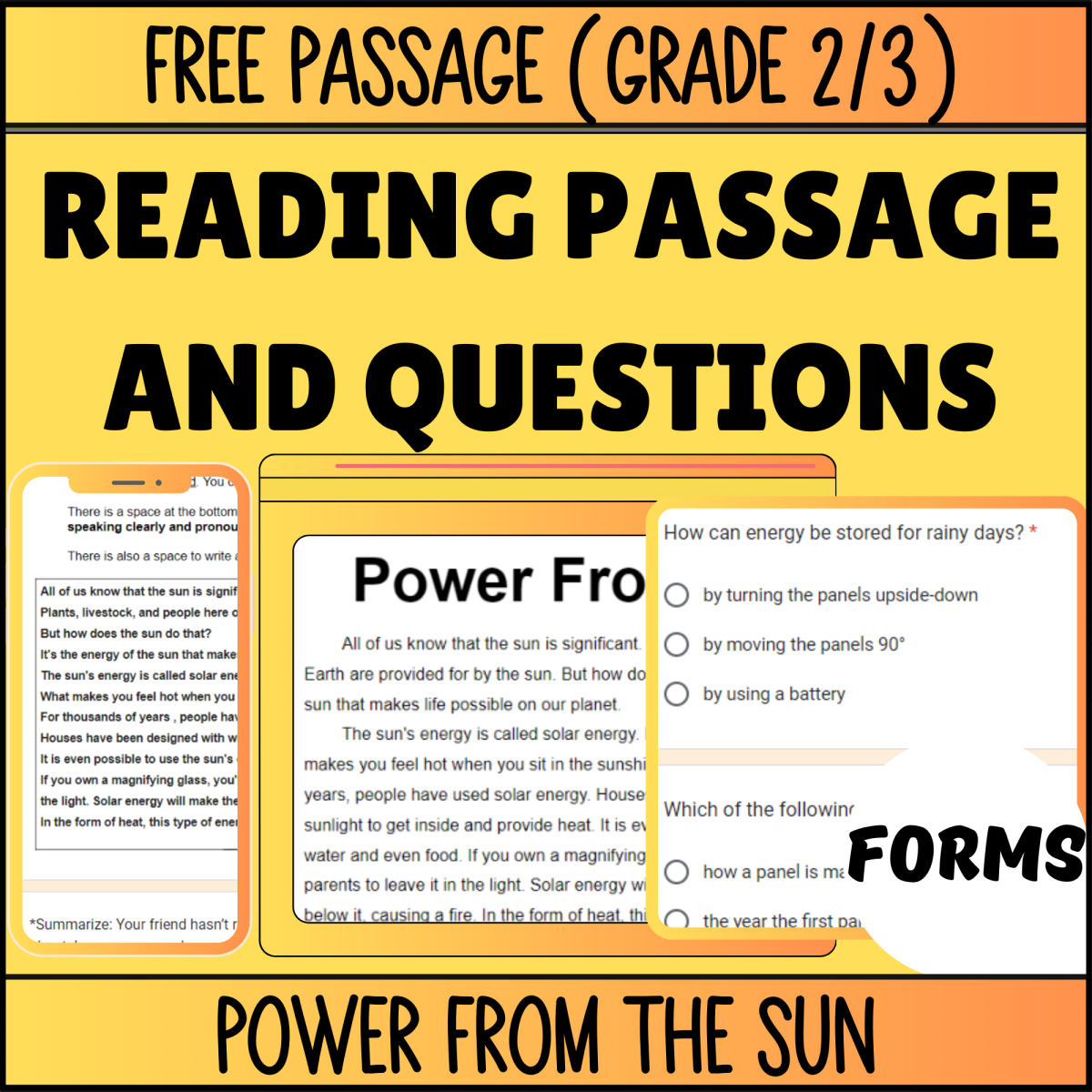 An educational teaching resource from Cored Education entitled Reading Comprehension Nonfiction Set1 Sample Power From the Sun Forms downloadable at Teach Simple.