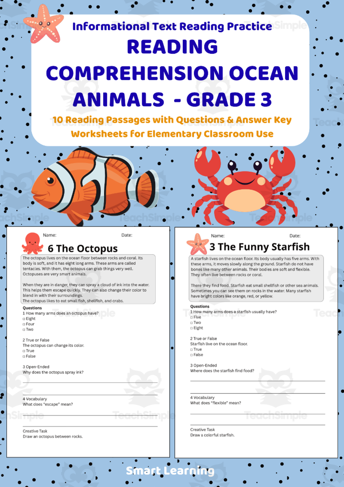 An educational teaching resource from Smart Learning Classroom entitled Reading Comprehension Ocean Animals | Grade 3 Reading Activities downloadable at Teach Simple.