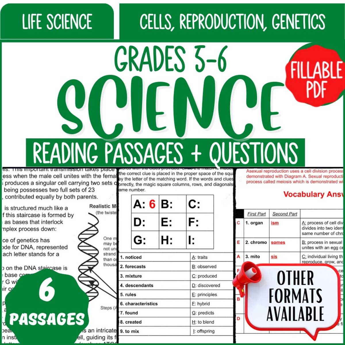 An educational teaching resource from Cored Education entitled Reading Comprehension on Cells, Reproduction, Genetics (Fillable PDF) downloadable at Teach Simple.