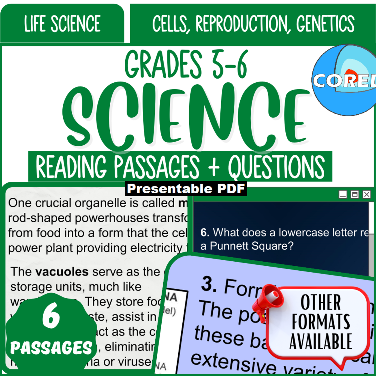 An educational teaching resource from Cored Education entitled Reading Comprehension on Cells, Reproduction, Genetics Presentable PDF downloadable at Teach Simple.