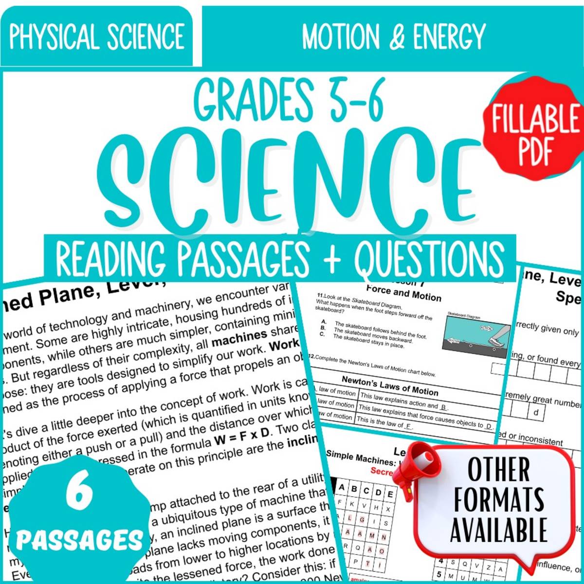 An educational teaching resource from Cored Education entitled Reading Comprehension on Motion and Energy (Fillable PDF) downloadable at Teach Simple.