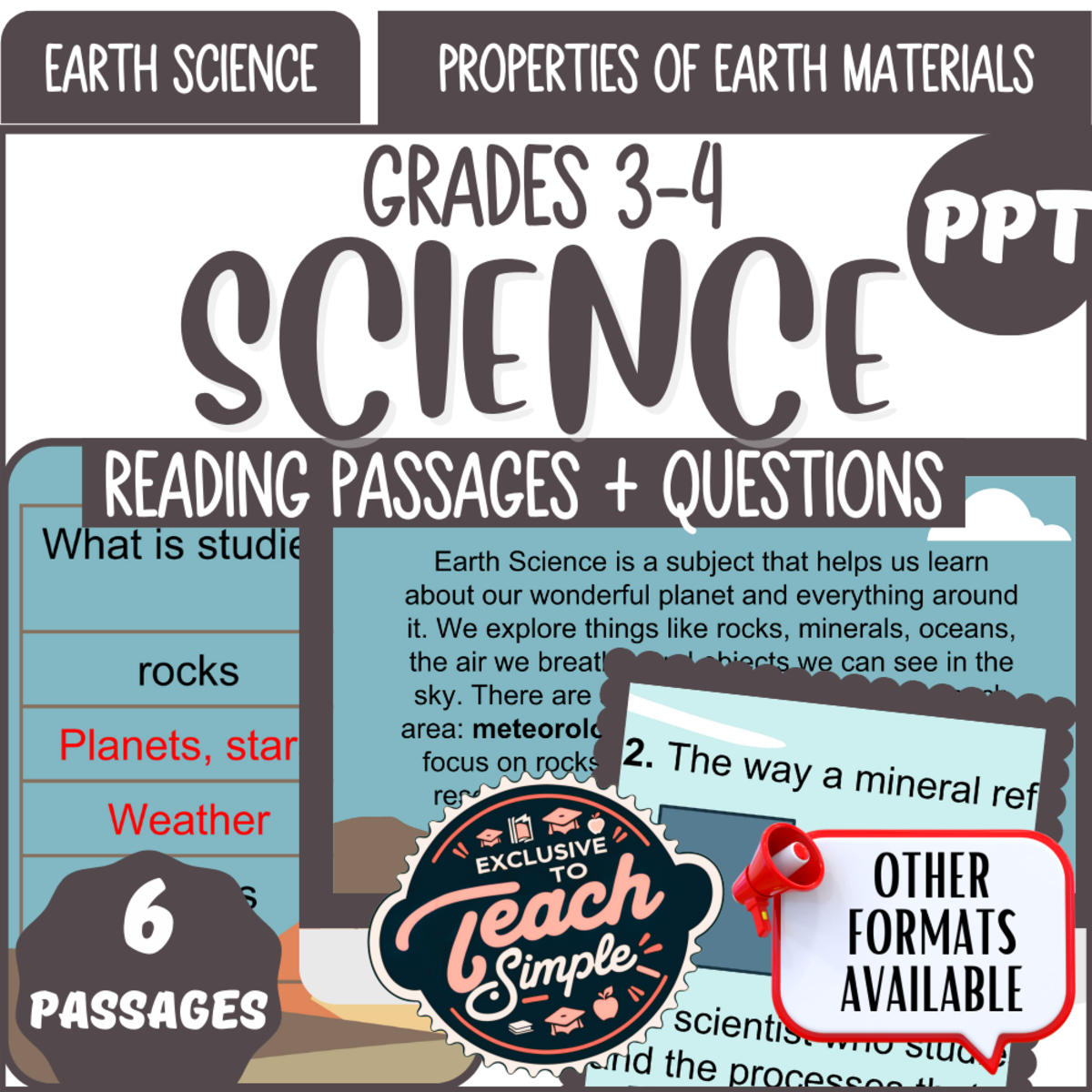 An educational teaching resource from Cored Education entitled Reading Comprehension on Properties of Earth Materials (PPT) downloadable at Teach Simple.