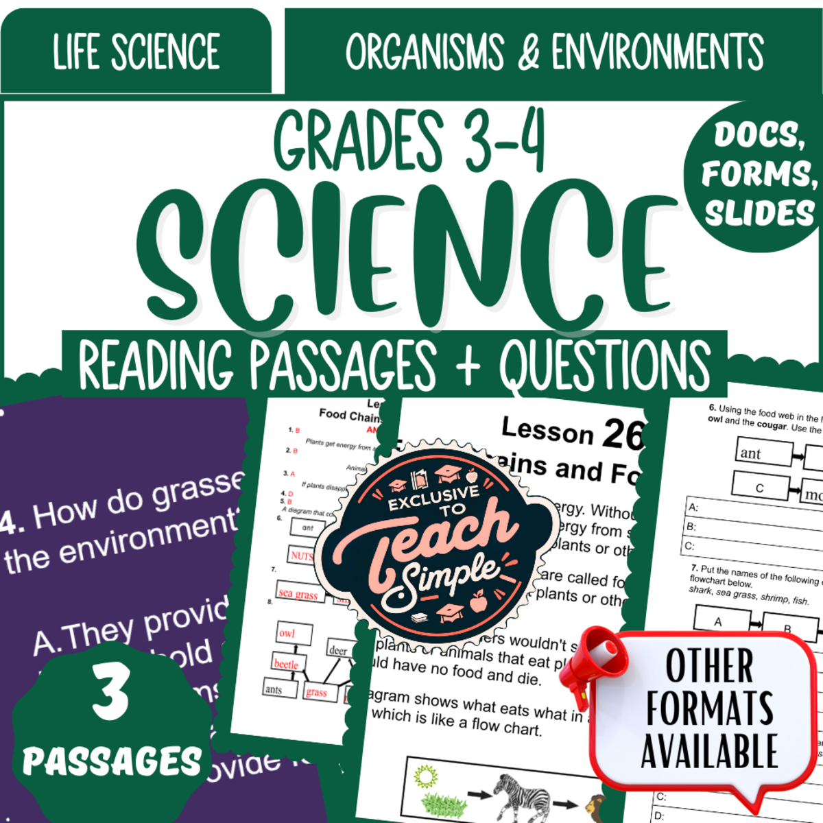 An educational teaching resource from Cored Education entitled Reading Comprehension: Organisms and Environments (Google Drive) downloadable at Teach Simple.