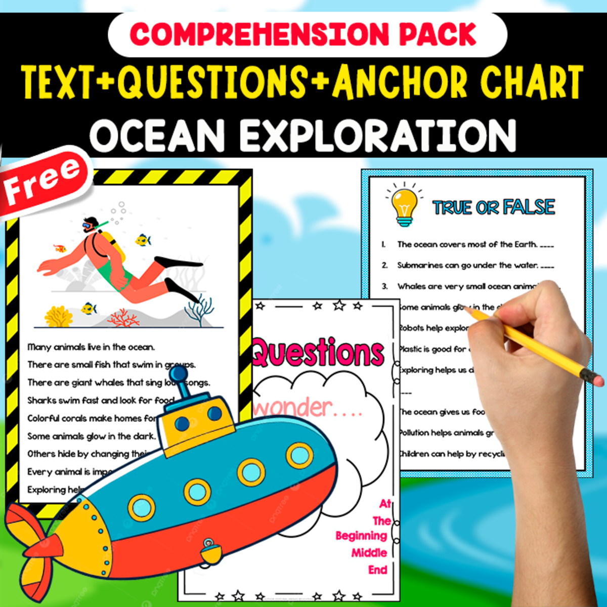 An educational teaching resource from EDITORIAL LAURA EDUCA entitled READING-COMPREHENSION PACK | OCEAN EXPLORATION | 20 FREE PAGES downloadable at Teach Simple.