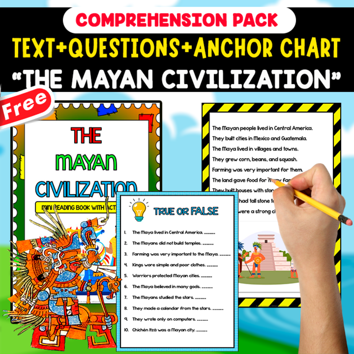 An educational teaching resource from EDITORIAL LAURA EDUCA entitled READING-COMPREHENSION PACK | THE MAYAN CIVILIZATION | 20 FREE PAGES downloadable at Teach Simple.