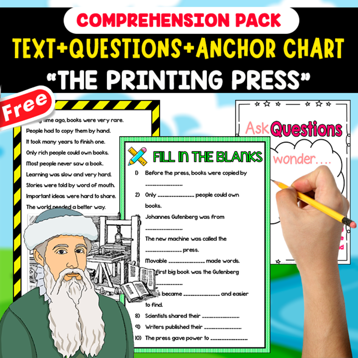 An educational teaching resource from EDITORIAL LAURA EDUCA entitled READING-COMPREHENSION PACK | THE PRINTING PRESS | 20 PAGES downloadable at Teach Simple.