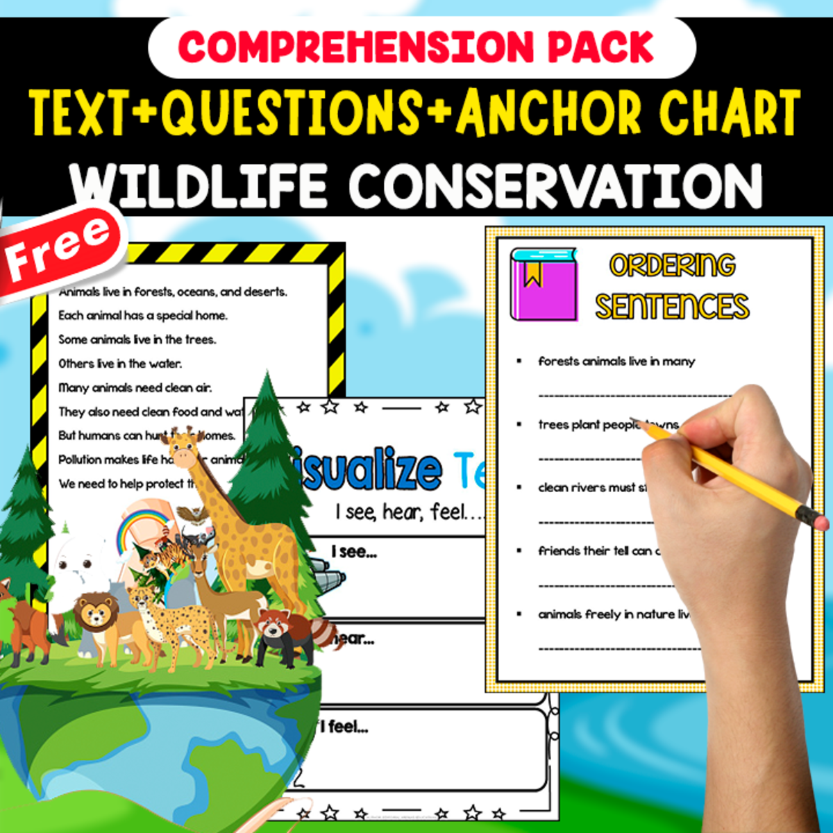 An educational teaching resource from EDITORIAL LAURA EDUCA entitled READING-COMPREHENSION PACK | WILDLIFE CONSERVATION | 20 PAGES downloadable at Teach Simple.