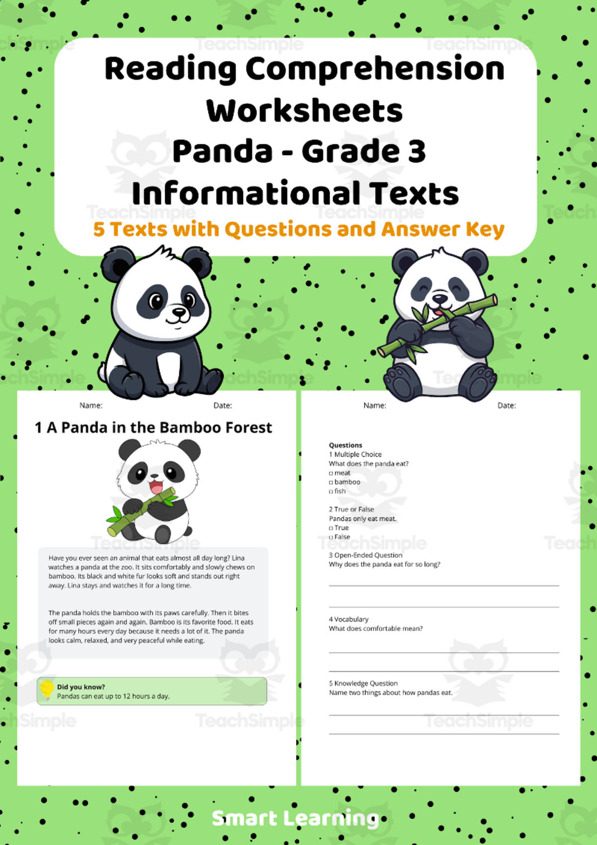 An educational teaching resource from Smart Learning Classroom entitled Reading Comprehension Panda | Grade 3 Informational Texts downloadable at Teach Simple.