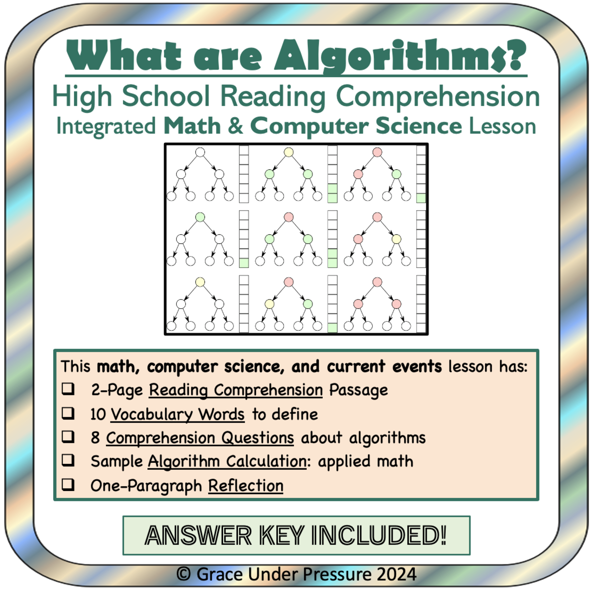 An educational teaching resource from Grace Under Pressure entitled Reading Comprehension Passage: Algorithms: Integrated Math & Computers downloadable at Teach Simple.