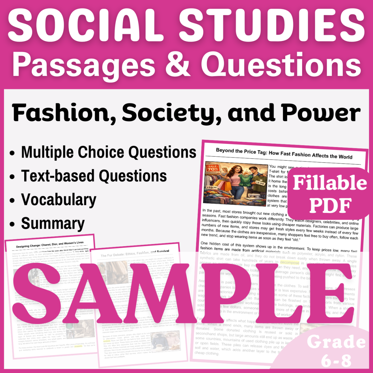 An educational teaching resource from CORED Education - Middle & High School entitled Reading Comprehension Passage: Fast Fashion (Fillable PDF Sample) downloadable at Teach Simple.