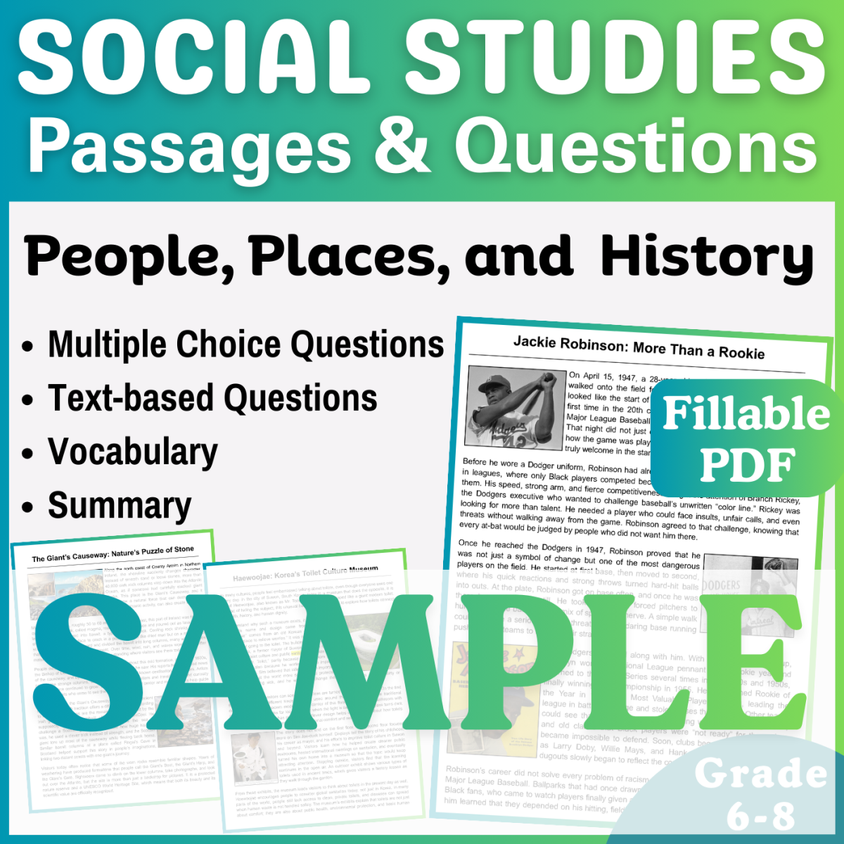 An educational teaching resource from CORED Education - Middle & High School entitled Reading Comprehension Passage: Jackie Robinson (Fillable PDF Sample) downloadable at Teach Simple.