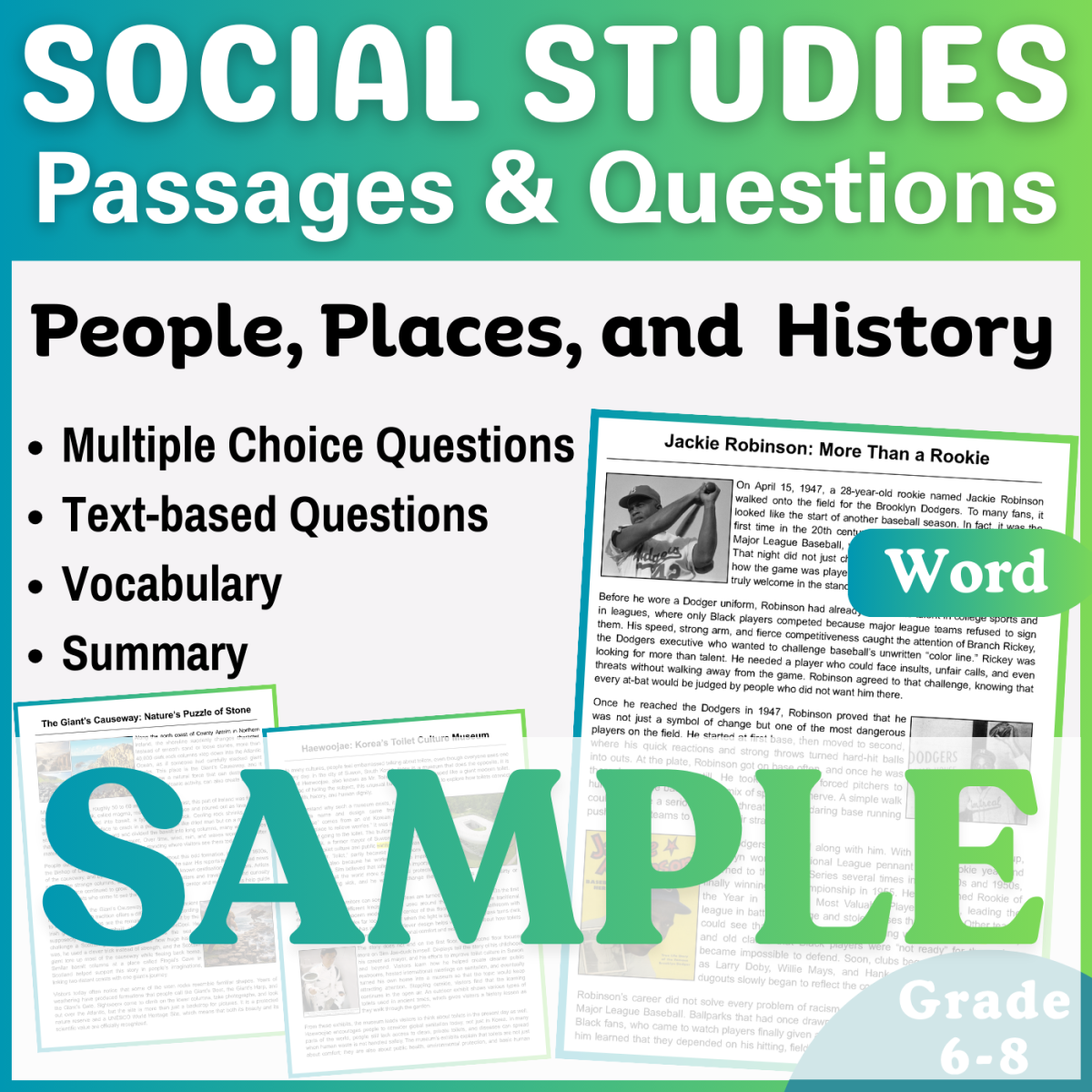 An educational teaching resource from CORED Education - Middle & High School entitled Reading Comprehension Passage: Jackie Robinson (Word Sample) downloadable at Teach Simple.