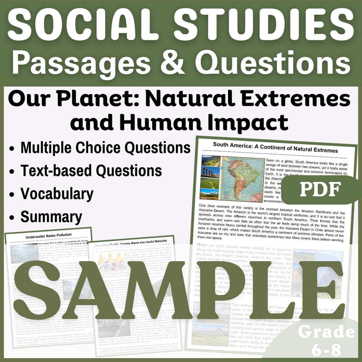 An educational teaching resource from CORED Education - Middle & High School entitled Reading Comprehension Passage: South America (SAMPLE PDF) downloadable at Teach Simple.