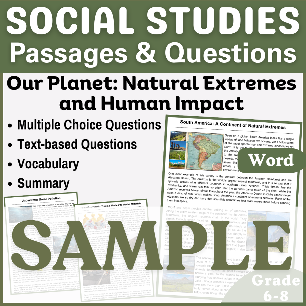 An educational teaching resource from CORED Education - Middle & High School entitled Reading Comprehension Passage: South America (SAMPLE Word) downloadable at Teach Simple.