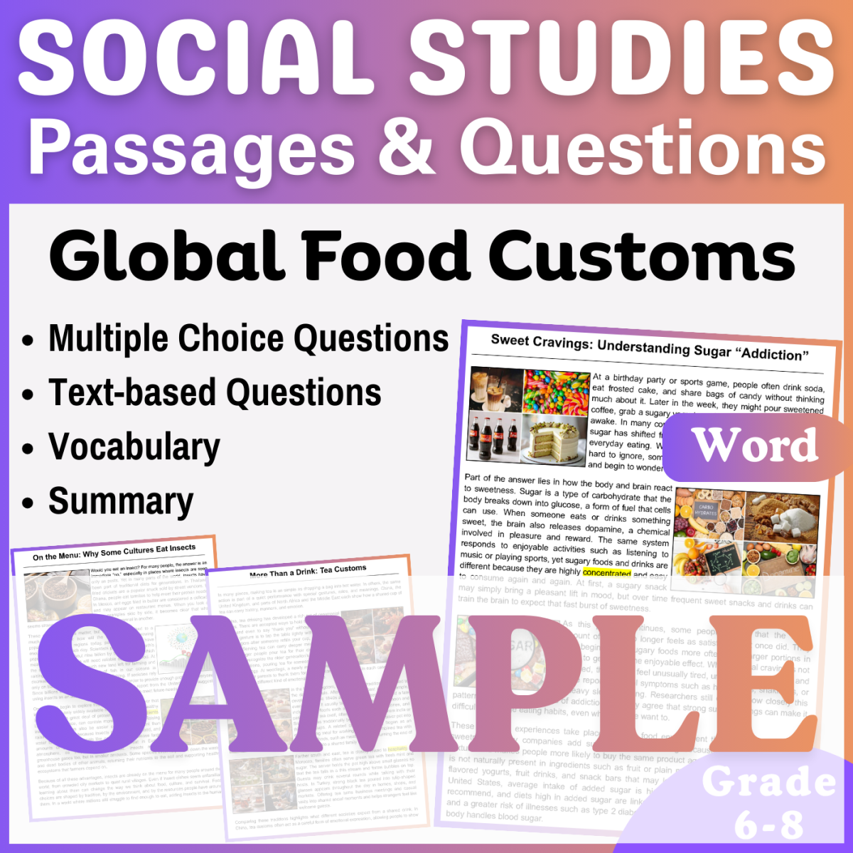 An educational teaching resource from CORED Education - Middle & High School entitled Reading Comprehension Passage: Sugar Addiction (Word SAMPLE) downloadable at Teach Simple.