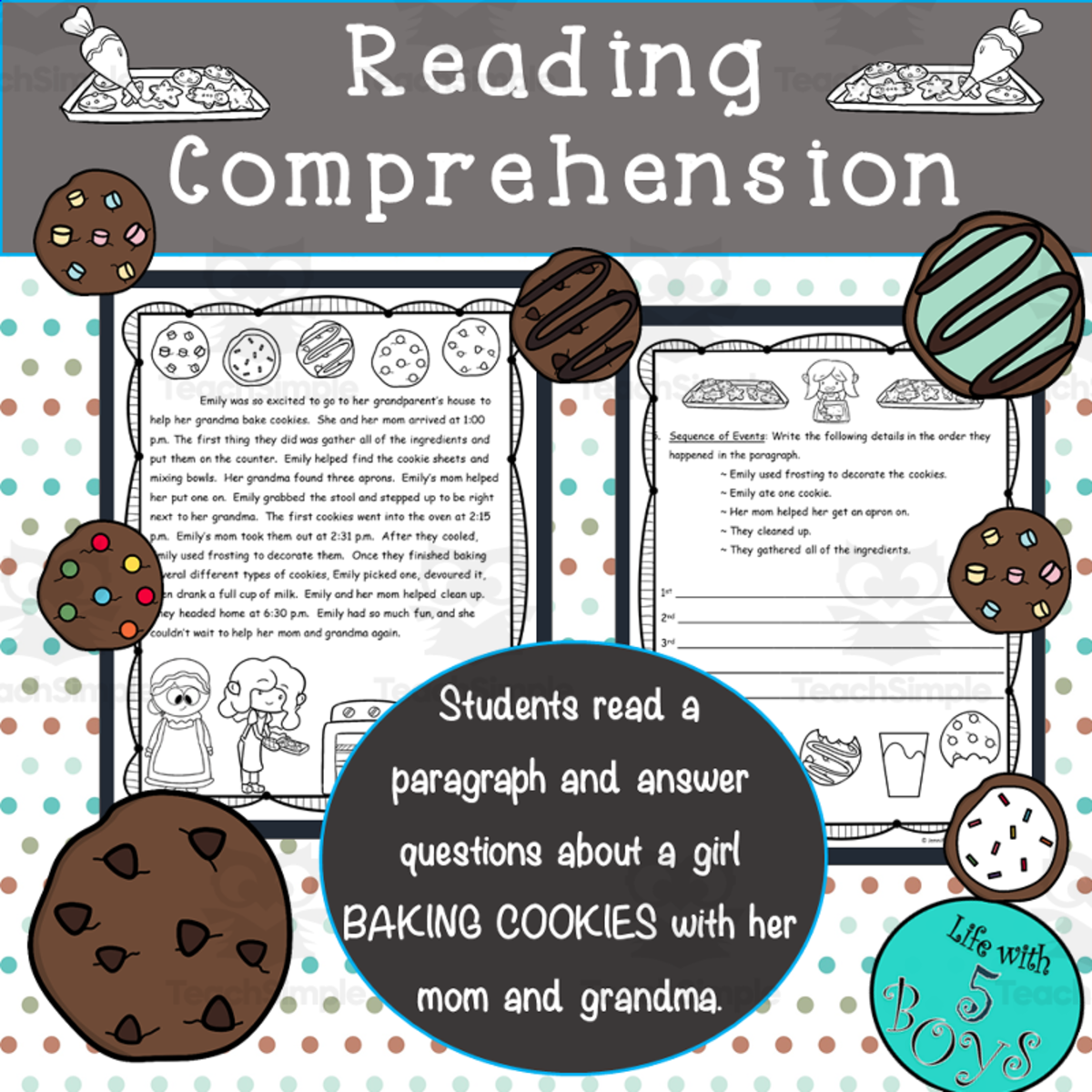 An educational teaching resource from Life with 5 Boys entitled Reading Comprehension Passage with Questions: Baking Cookies downloadable at Teach Simple.