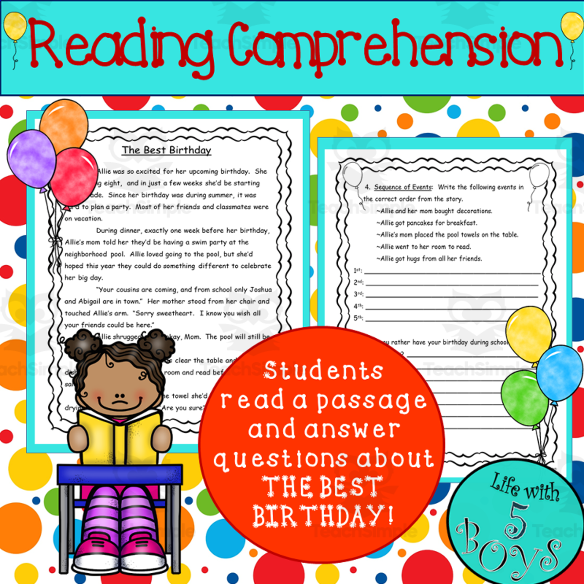 An educational teaching resource from Life with 5 Boys entitled Reading Comprehension Passage with Questions: The Best Birthday downloadable at Teach Simple.