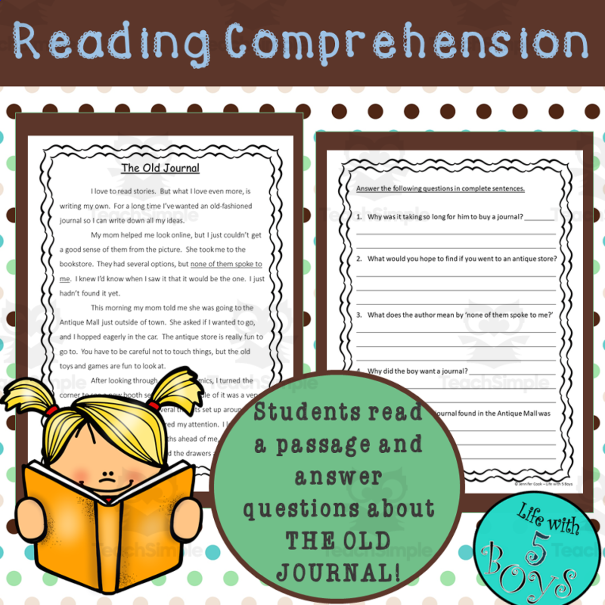 An educational teaching resource from Life with 5 Boys entitled Reading Comprehension Passage with Questions: The Old Journal downloadable at Teach Simple.