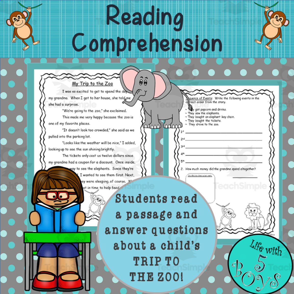 An educational teaching resource from Life with 5 Boys entitled Reading Comprehension Passage with Questions: Trip to the Zoo downloadable at Teach Simple.