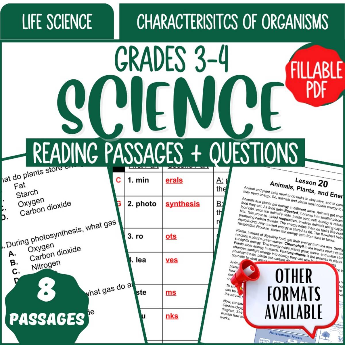 An educational teaching resource from Cored Education entitled Reading Comprehension Passages: Characteristics of Organisms Fillable downloadable at Teach Simple.