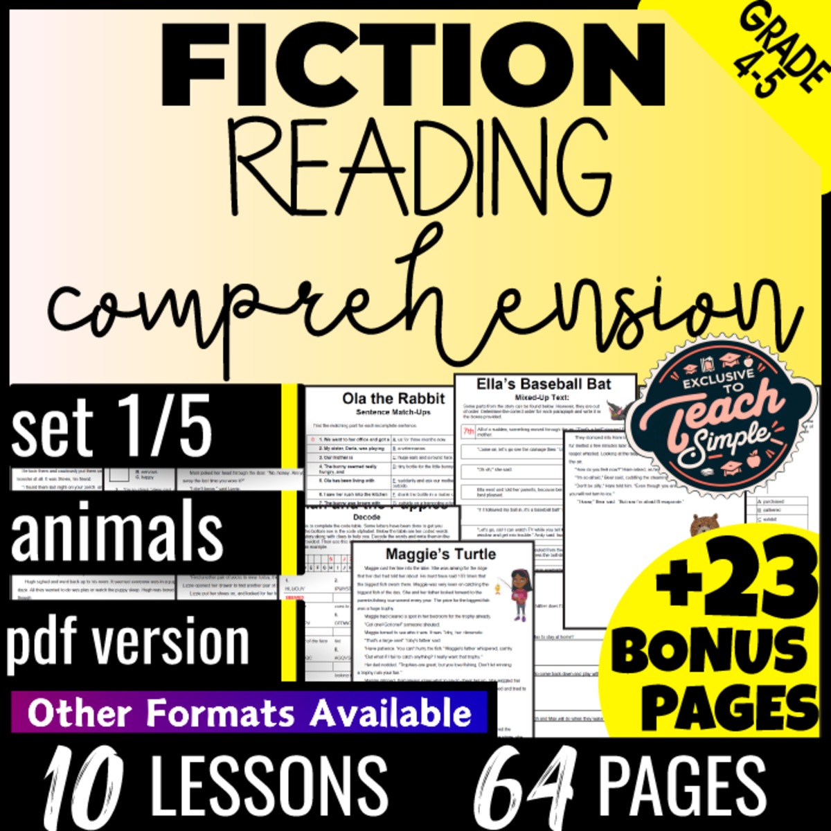 An educational teaching resource from Cored Education entitled Reading Comprehension Passages Fiction Set 1 - Animals (PDF) downloadable at Teach Simple.