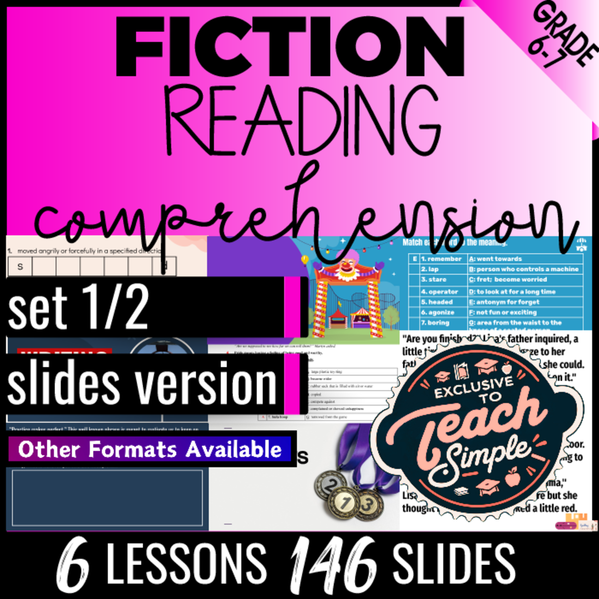 An educational teaching resource from Cored Education entitled Reading Comprehension Passages Fiction Set 1 (Google Slides) downloadable at Teach Simple.