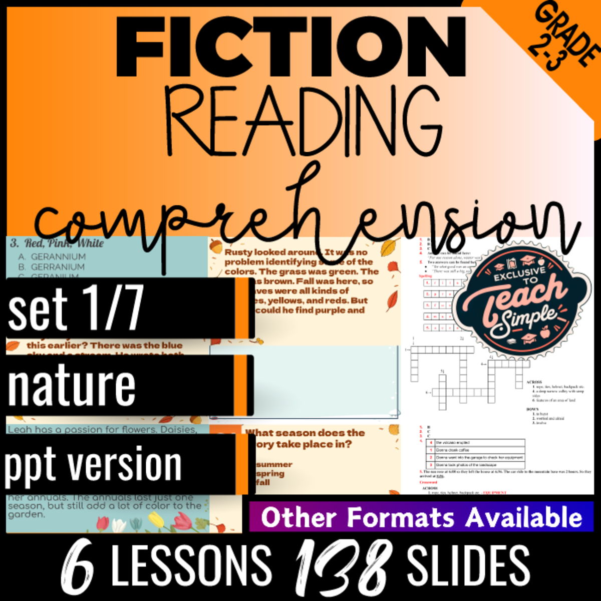An educational teaching resource from Cored Education entitled Reading Comprehension Passages Fiction Set 1 - Nature (PPT) downloadable at Teach Simple.