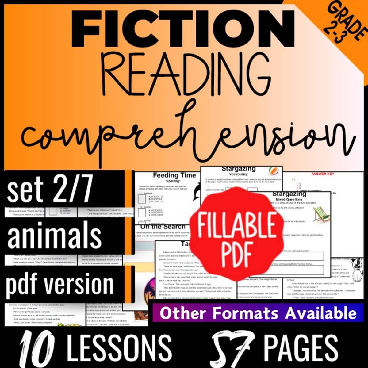 An educational teaching resource from Cored Education entitled Reading Comprehension Passages Fiction Set 2 - Animals (Fillable PDF) downloadable at Teach Simple.