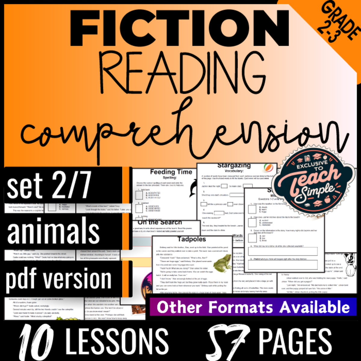 An educational teaching resource from Cored Education entitled Reading Comprehension Passages Fiction Set 2 - Animals (PDF) downloadable at Teach Simple.