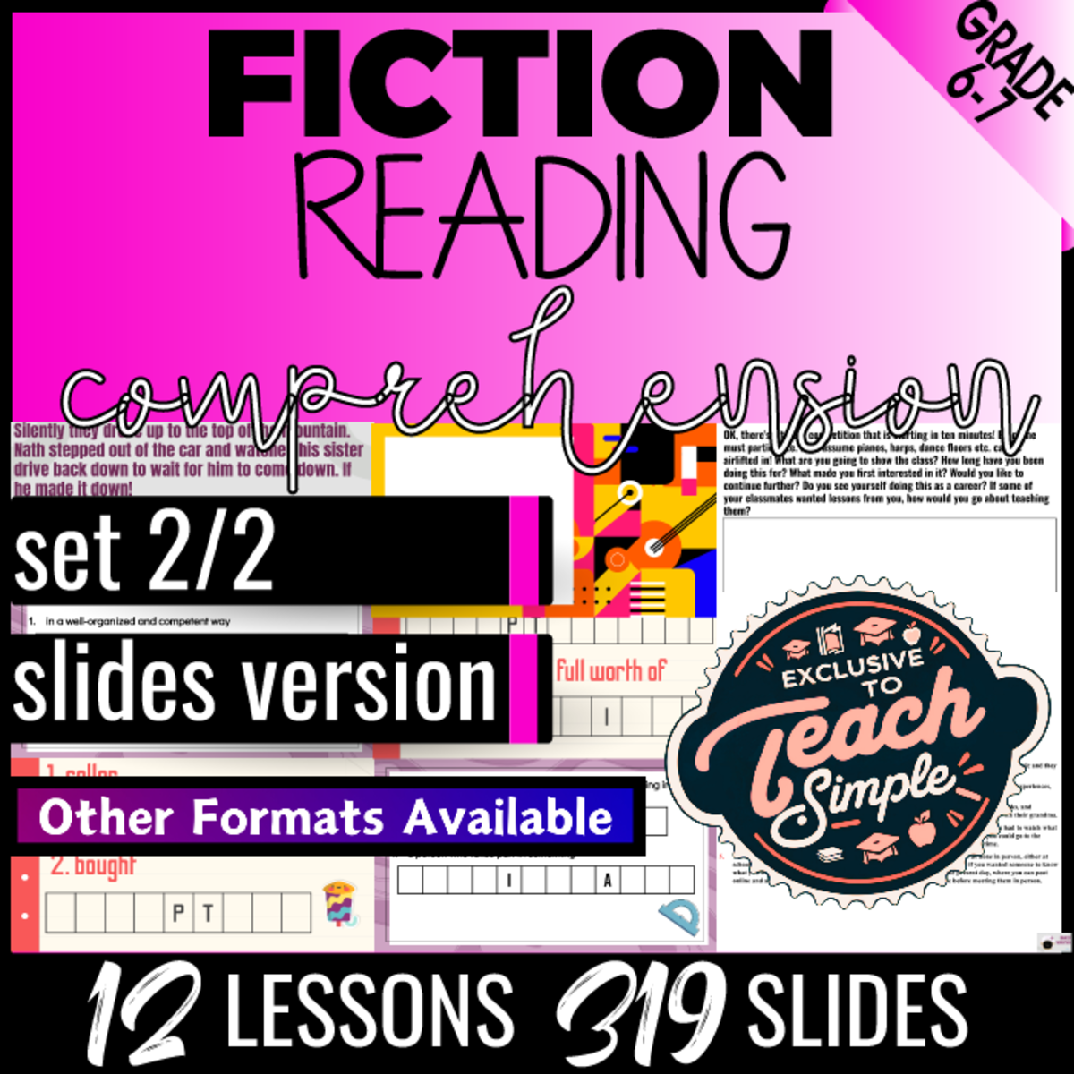 An educational teaching resource from Cored Education entitled Reading Comprehension Passages Fiction Set 2 (Google Slides) downloadable at Teach Simple.