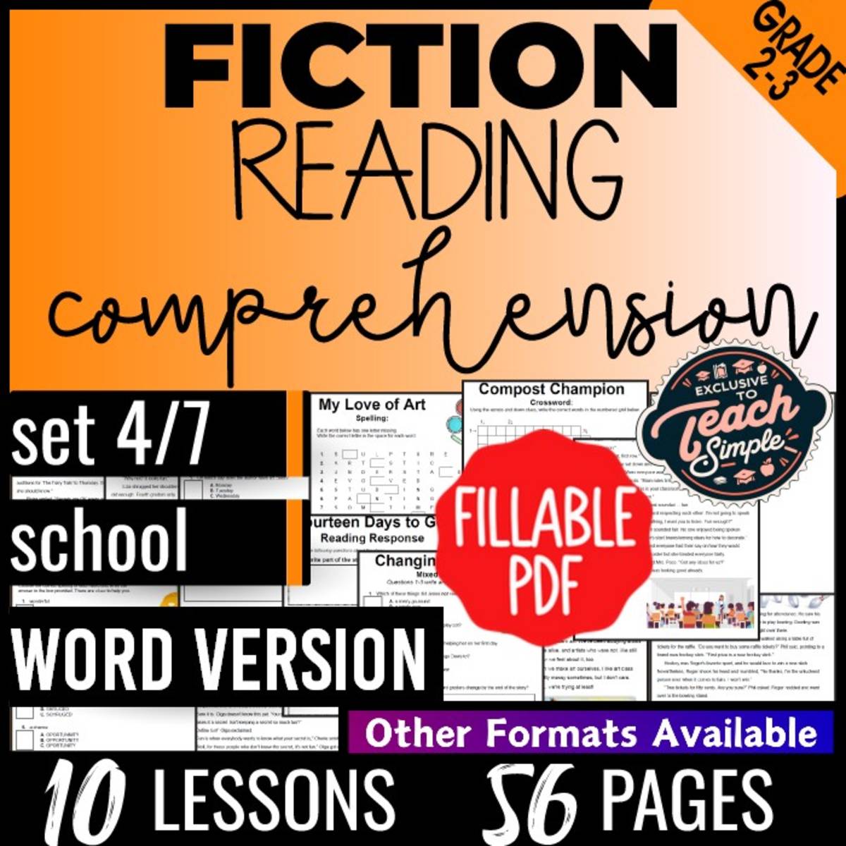 An educational teaching resource from Cored Education entitled Reading Comprehension Passages Fiction Set 4 - School (Fillable PDF) downloadable at Teach Simple.