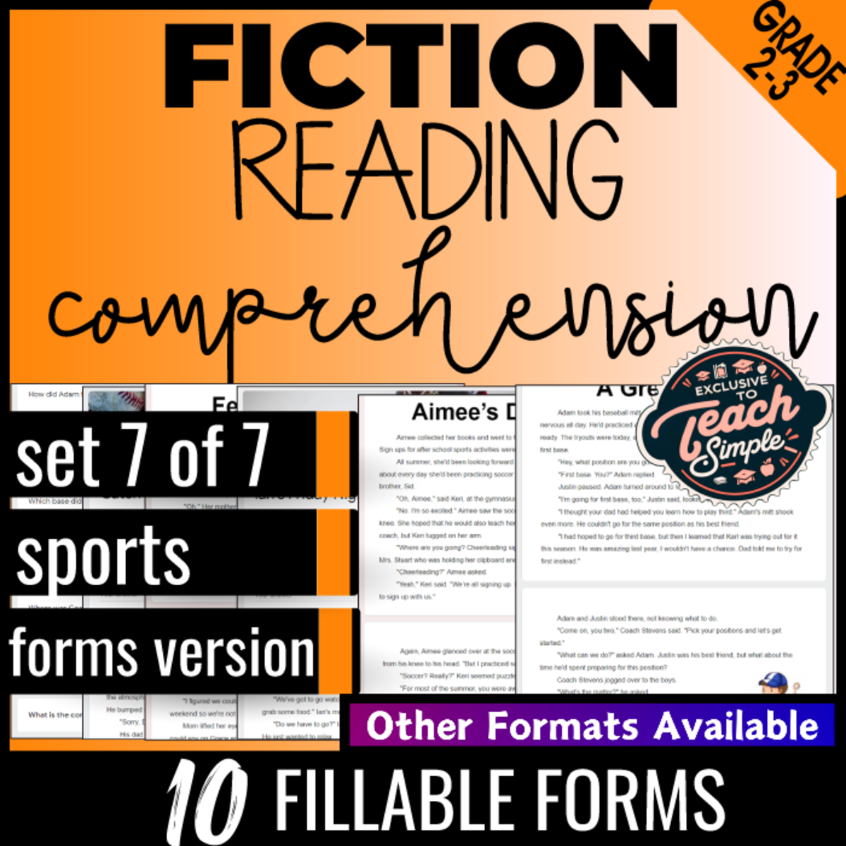 An educational teaching resource from Cored Education entitled Reading Comprehension Passages Fiction Set 7 - Sports (Google Forms) downloadable at Teach Simple.